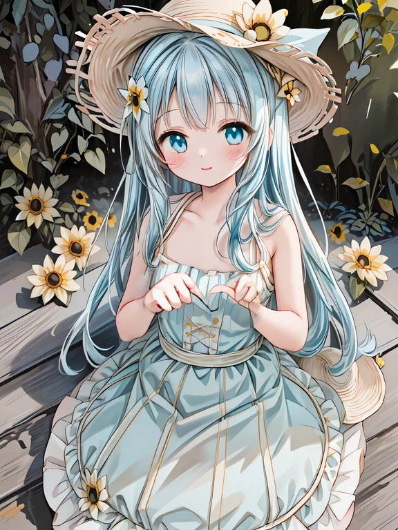 masterpiece, best quality, extremely detailed, (illustration, official art:1.1), 1 girl ,(((( light blue long hair)))), ,(((( light blue long hair)))),light blue hair, , long hair ((blush)) , cute face, big eyes, masterpiece, best quality,(((((a very delicate and beautiful girl))))),Amazing,beautiful detailed eyes,blunt bangs((((little delicate girl)))),tareme(true beautiful:1.2), sense of depth,dynamic angle,,,, affectionate smile, (true beautiful:1.2),,(tiny 1girl model:1.2),)(flat chest), (((1 girl)),1girl, (full body), early s, A field of sunflowers spreading all over、 (straw hat white one piece dress, background is sunflower field),floating dress, in the sun, A faint smile,Looking at the audience, wind, Dynamic, Strong light and shadow,Dynamic pose,,((( got his hands outstretched, )))Petals are dancing in the wind,sunflower_background,(((Illustration))), ,Opaque clothing