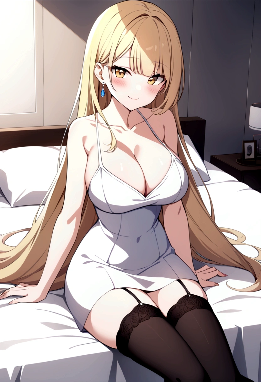 slender, mature female,breasts, blonde_hair, 1girl, cleavage, large_breasts, long_hair, bare_shoulders, rating:safe, sitting, thighhighs, earrings, garter_straps, dress, smile, looking_at_viewer, bangs, blush, jewelry, thighs, black_legwear, sleeveless, yellow_eyes, eyebrows_visible_through_hair, solo, collarbone, very_long_hair, short_dress, skirt, sleeveless_dress, bed, sidelocks, arm_support, on_bed, underwear, indoors, sitting_on_bed