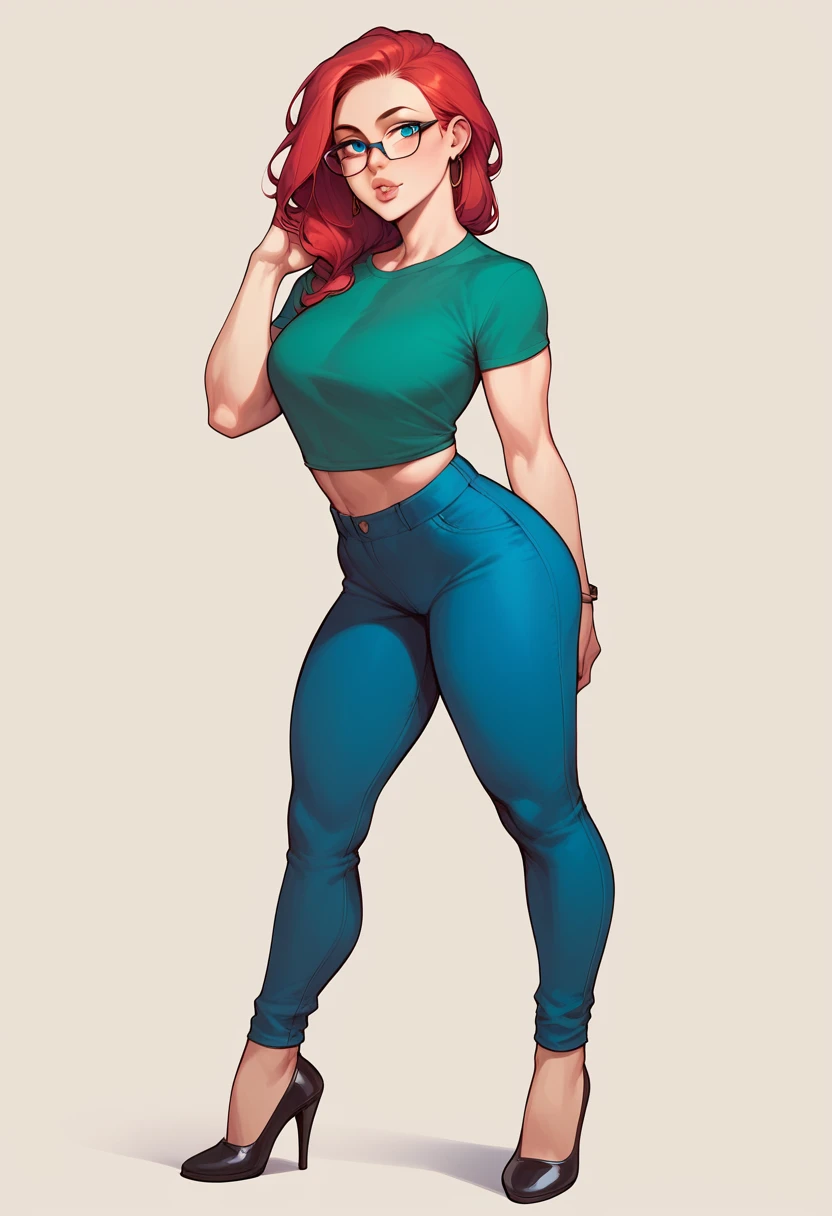score_9, score_8_up, score_7_up, score_6_up, art of a woman, pale, smooth skin, blue eyes, long straight red hair, full lips, slender physique, green t-shirt, glasses, blue pants, black heels