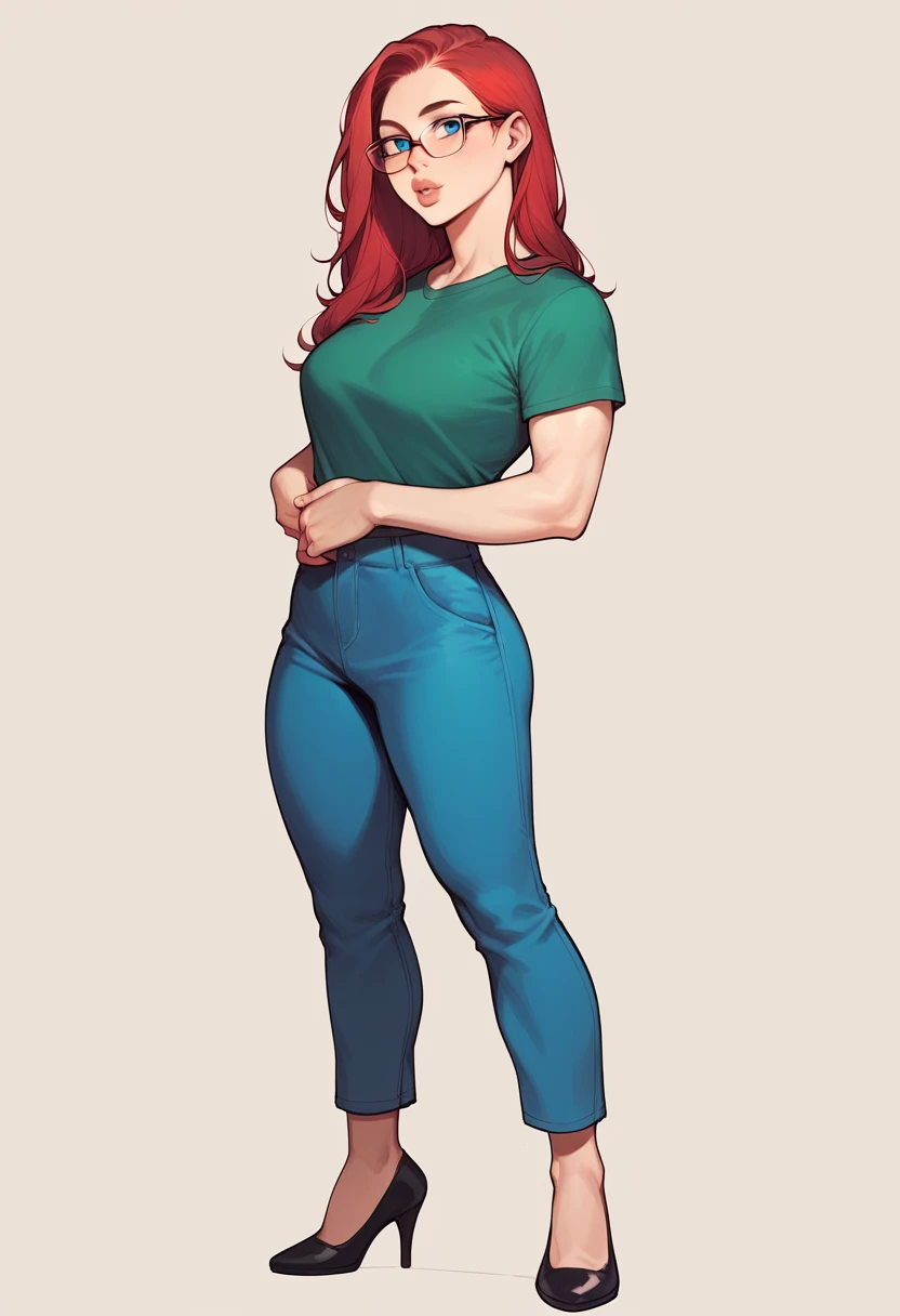 score_9, score_8_up, score_7_up, score_6_up, art of a woman, pale, smooth skin, blue eyes, long straight red hair, full lips, slender physique, green t-shirt, glasses, blue pants, black heels