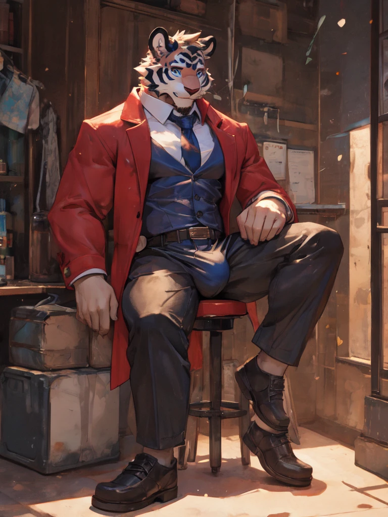 {{bara extremely handsome white tiger,}} {{white fur,}} white, wearing military like purple trench coat, purple trousers, white dress shirt and necktie, white fluffy furry body and limbs, loafers, very tall, very broad shoulders, narrow waist, muscular arms, massive pecs, purple eyes, very long legs,  sitting on swivel chair with legs spread, perspective, massive bulge, reading file, sophisticated hot look, sexy pose, full body, sunlight casting over, 3/4 view, best quality, high quality, silver earring on left ear, sultry smirk