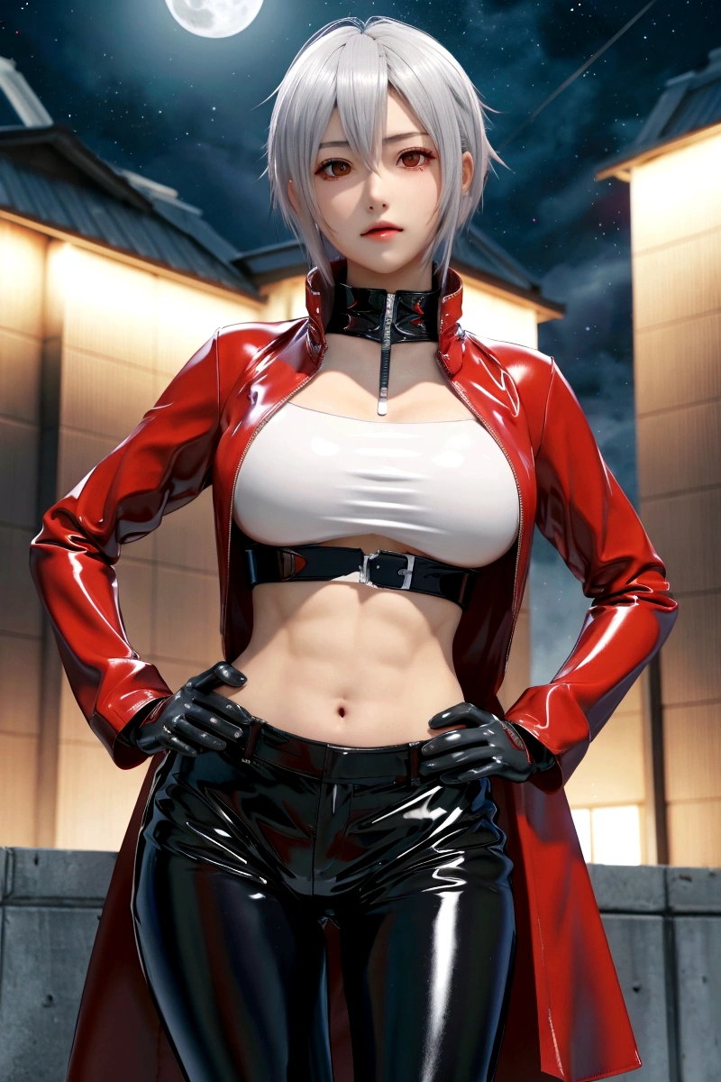 anime girl in latex outfit posing for a picture in front of a full moon, badass anime 8 k, v from devil may cry, female protagonist 👀 :8, 2b, 2 b, portrait of a female anime hero, character from king of fighters, best anime 4k konachan wallpaper, badass pose, highly detailed exquisite fanart, huge breasts, six pack abs, muscles