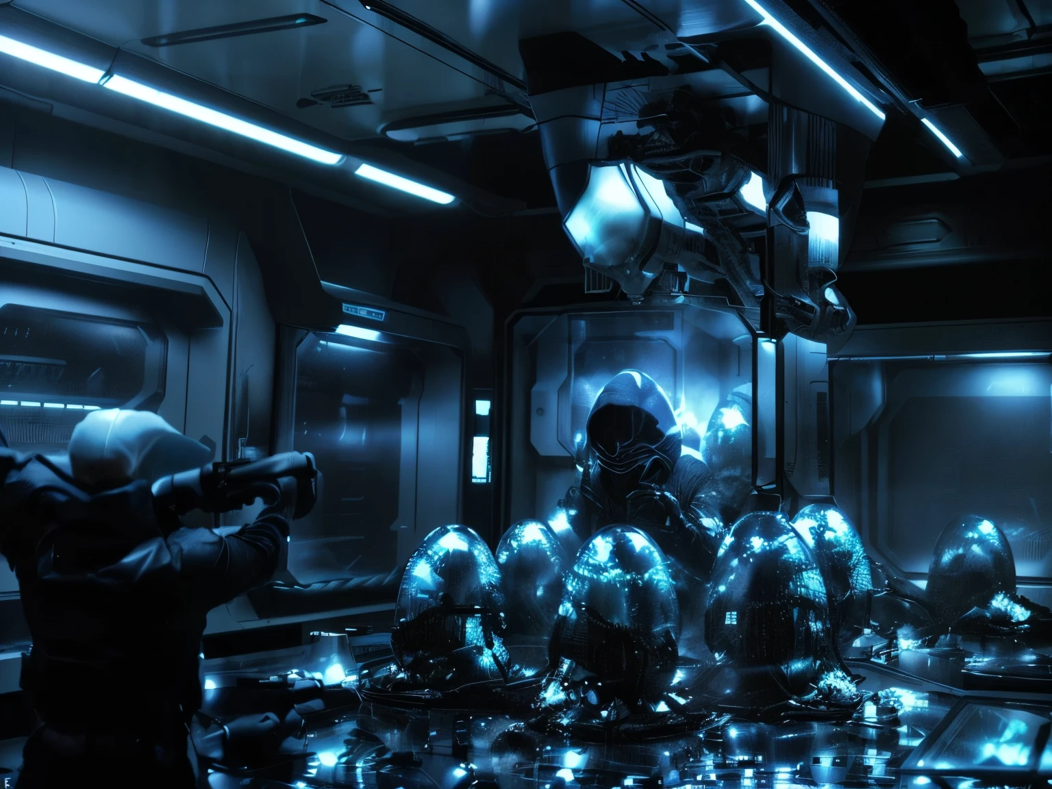 there is a man holding a man hostage, in a sci fi science lab room, hr giger style alien xenomorph egg pods in the centre, surrounding a glass case , james cameron movie screenshot, aliens,