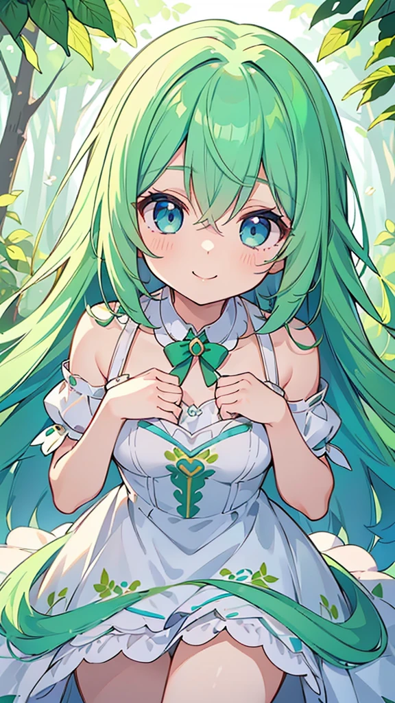 ((Cute girl with green hair and blue eyes)), ????((Wearing a white dress)), Baby Face, ((Highest quality, masterpiece, Ultra high definition, High resolution)), Anime Girls, ((Ultra-detailed illustrations:1.2)), Just One, bangs, Hair between the eyes, Beautiful Hair, Beautiful Eyes, Mid-chest, Big smile, in the forest