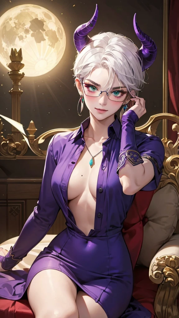 8k, masterpiece, best quality, highly detailed, 1 girl, tiefling, warlock, multicolored hair, very short straight hair green highlight hair on white hair, strippled hair, wearing glasses, round glasses, earrings, red eyeshadow, long eyelashes,navel piercing, blushed cheek, necklace, collarbone, mole, glamorous, purple and teal clothing, villainy, smirk, seductive face, halfbody view, rings, looking at viewer, demon horns, solo, antique dress, ballroom, palace, blue pale moon, sitting,