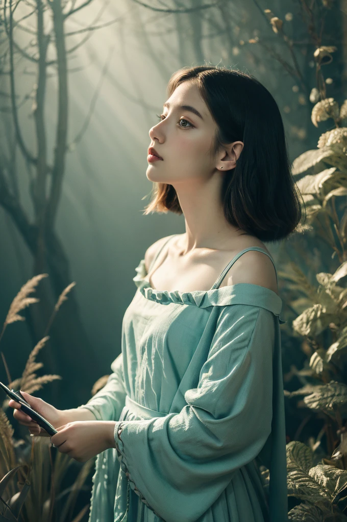 ( masterpiece, top quality, best quality,8k, girl,ultra detailed,raw photo:1.5),(photorealistic:1.4), (cinematic lighting), PerfectNwsjMajic, , Surrealism, UHD, ccurate, Super detail, textured skin, High detail, Best quality, dynamic angle, White skin,[Beautiful blue eyes], high nose,[flat chest:large breasts:0.5],(1girl),(good anatomy:0.5)), Dreamy atmosphere, Dark,expressive brush strokes, mystical ambiance, Artistic interpretation, Stunning Studio Ghibli style costumes, a whimsical illustration, Subtle colors and tones, mystical aura,straight face,outside