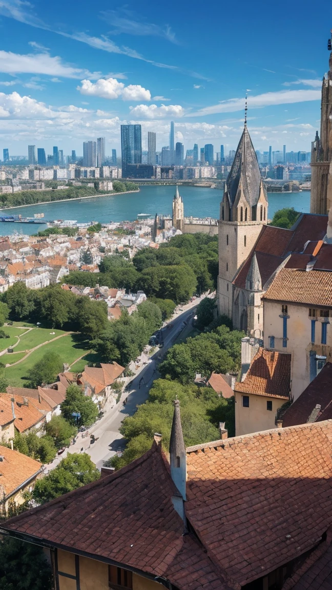 The image shows half of a medieval European village and the other half with modern city skyscrapers. The two eras are seamlessly connected.