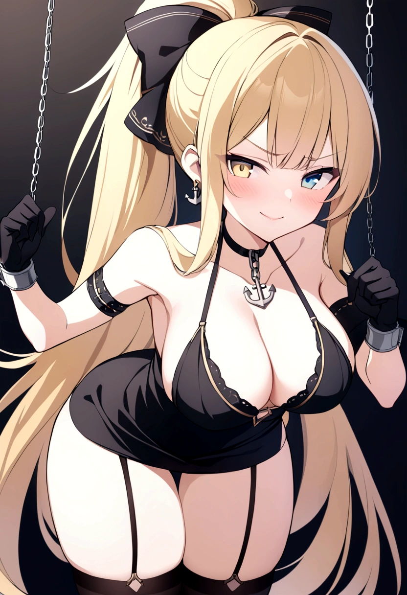 slender, mature female,breasts, cuffs, 1girl, long_hair, gloves, large_breasts, blonde_hair,  cleavage, broken_chain, bare_shoulders, smile, dress, garter_straps, earrings, thighhighs, black_dress, blush, jewelry, black_gloves, looking_at_viewer, solo, very_long_hair, black_legwear, bangs, collarbone, eyebrows_visible_through_hair, sidelocks, yellow_eyes, closed_mouth, ponytail, thighs, bound, anchor, blue_eyes, hair_ornament, halter_dress, gold_chain, alternate_costume, smug, leaning_forward, arm_strap, black_skirt, choker, armlet, armpits, see-through, bdsm