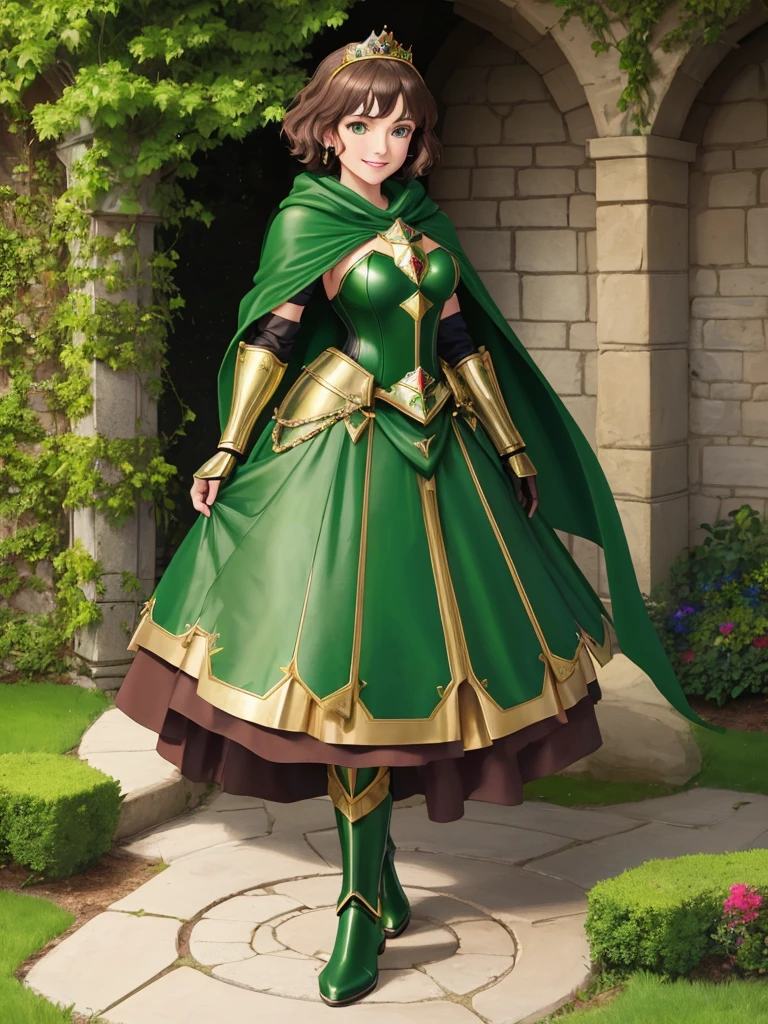 masterpiece, best quality:1.2), 1girl, smile, looking at viewer, green eyes, short brown hair, princess, armor, , pauldrons, armored dress, green cloak cape, wearing puffy blue ballgown skirt, golden tiara with green gem, armored boots, fingerless gloves, standing in medieval garden