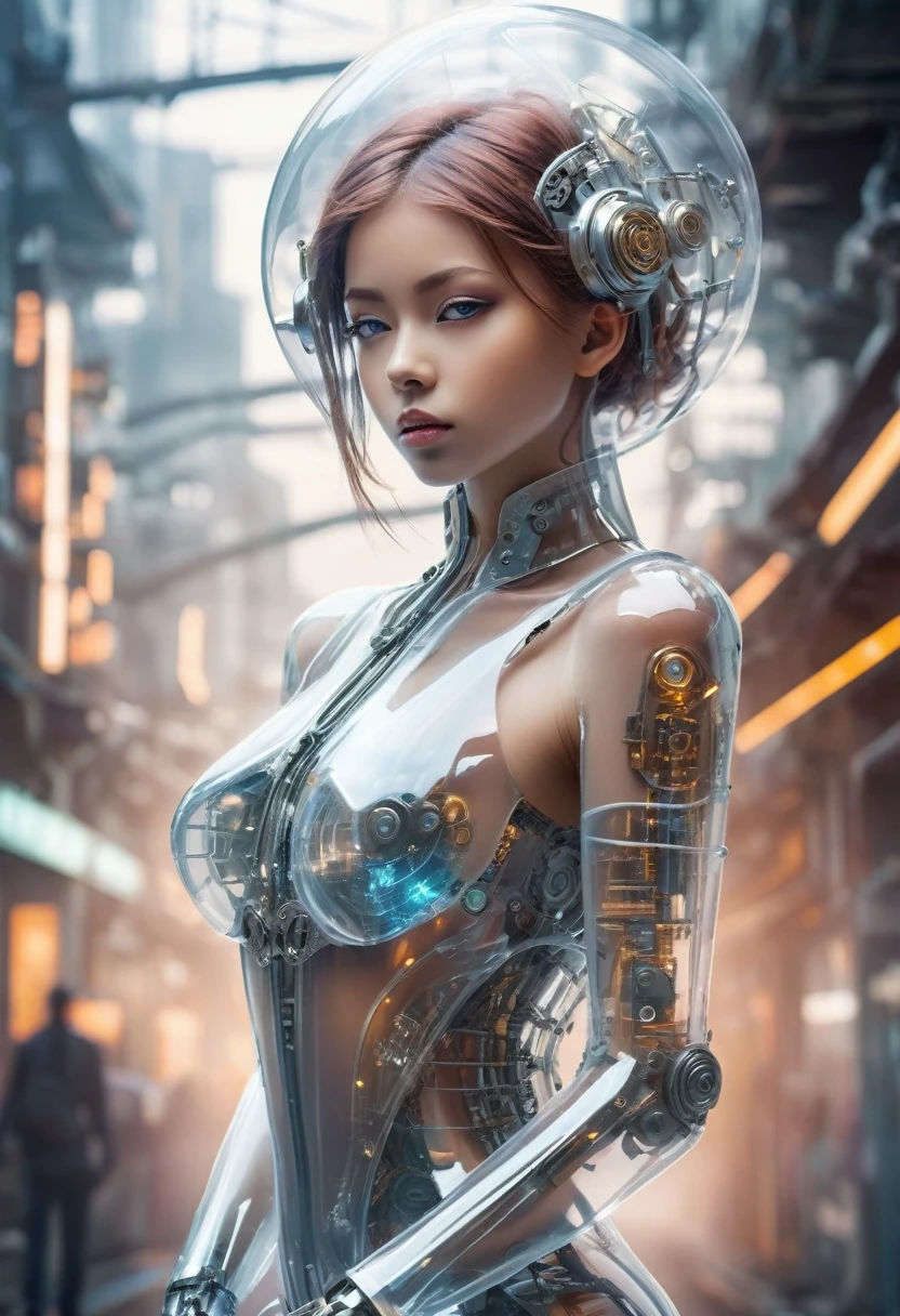 Translucent ethereal mechanical girl,Futuristic girl,Mechanical jointecha-girl,futuristic urban background