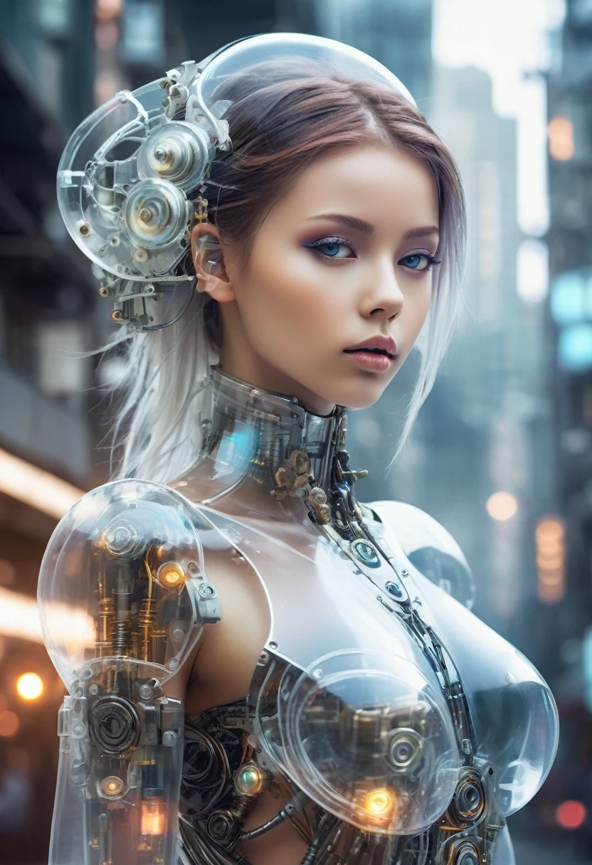 Translucent ethereal mechanical girl，Futuristic girl，Mechanical jointecha-girl，futuristic urban background
