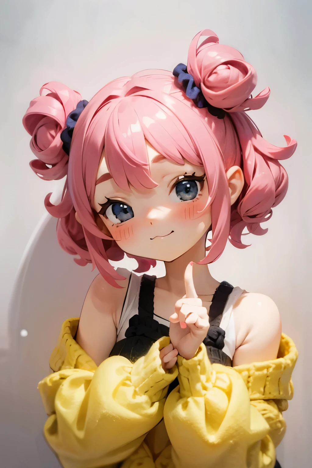 Shoulder sweater, Curly shorthair, hair scrunchie, Twin-tailed, kawaii pose、A face and pose that expresses deliciousness