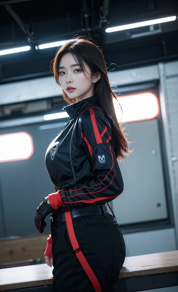  (Korean women, techwear is stylish and extremely beautiful:1.4),Delicate face，Eyes with spirit，Temperament，Smile，Red skinny mech，（full-body shot）， (Intricate details, masterpiece, best quality:1.4) , American blockbuster style,On the war zone，airplane，Handheld weapons，Bulletproof vest，Backpack，Very detailed content, Looking at the audience, Dynamic poses, Dynamic camera angles,