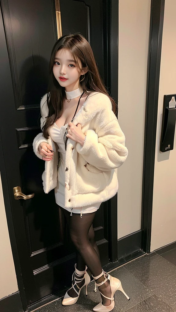 (((NFSW : 1.2))), (((pornography))), (realistic), (intricate details:1.2), (masterpiece、:1.3), (top quality:1.4), (Ultra A high resolution:1.2), Ultra A high resolution, 8K resolution, very detailed expression, dark, (high quality), complete anatomy, natural anatomy, full body photo, (한 한국여성이 오피스텔 현관을 들어오면서 한쪽 다리를 옆으로 슬쩍 들어올려 하이힐을 벗는 중에 있습니다. : 1.6), (그녀는 오피스텔로 신발을 벗고 들어오고 있습니다. :1.6), (그녀의 시선은 자신의 발끝을 향합니다:1.4), she is 21 years old, (call girl:1.5), (prostitute: 1.5), (she is korean:1.6), (beautiful : 1.4), (Dyed fancy colored hair banging), (big earrings), heavy makeup, Confusing wording, choker necklace, long legs, (a girl weared slim feminine dress and pantyhose. : 1.4), (a girl weared strappy high heels :1.4), (a girl is wearing a fur jacket :1.4), (She is carrying a woman's bag : 1.4), (남자들은 그녀를 기다리고 있습니다 : 1.4), (남자들의 시점 :1.4), glowing skin,(eye contact each other :1.4),(She being caught and sexually harassed by 2 men : 1.5), (the front door of the hotel room : 1.6), (detailed background:1.2),(She has fun with several Korean men : 1.4),