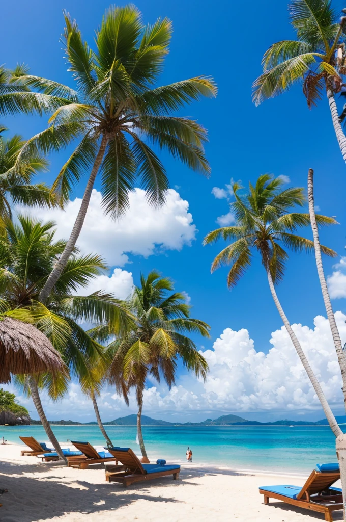 blue sky　Palm tree　sun　blue sea　Beach　Parasol