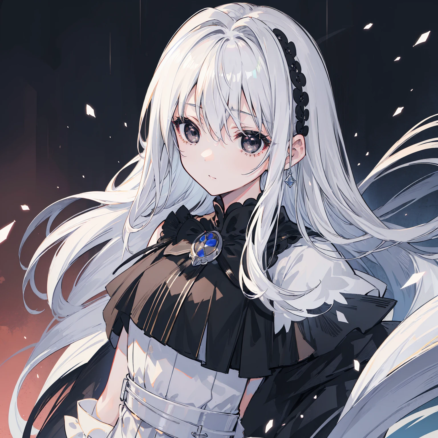 (Top image quality)、(Ultra Detailed)、(Facing forward)、top quality、masterpiece、((((1 girl))))、Silver Hair、white hair、((Long hair))、(black eyes:1.6)
