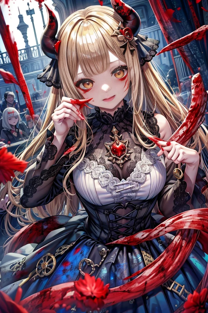 Delicate features,disaster々new devil horns,狂気の笑face, 最上級の笑face, Eyelids very wide open, Crazy Smile, mouth very wide open, Mouth open and teeth bared, wide lips, Very wide mouth, Vermilion-tinted cheeks, Blonde Hair, Princess Cut, Ribbon hair ornament, brooch, Shiny candy blue dress, Gold embroidery,Lolita Style, Gothic style, Facing the audience, Otaku Room, Well-built body, Nice body, Ample breasts, Fleshy body,With eyes wide open、Scary atmosphere、Distorted facial expressions、ねじれた笑face、Bloody、Bleeding from the head、Blood splatter、whole body、Long Hair、Long bangs、（（（Dark circles under the eyes）））、Pale skin、Feeling unwell、Pathological、邪悪な笑face、Crazy Eyes、（Grin）Dramatic makeup，Create mixed media art,Well-built,Nice body,Shoulders wider,focus on,(face),Messy Hair,Yellow Eyes,(Glowing Eyes),(Blood splatter:1.6),Red light,笑face,big 笑face,tooth,psycho 笑face,gesugao,Dark city background,darkness,night,(close),Good Eyes, good teeth,サディスティックな笑face,,all,Shiny skin,詳細なface,Beautiful body,アwhole body油まみれで光沢感がある　whole bodyから湯気が出ている　Steam like a sauna room fills the entire screen.　White breath from the mouth　Luxurious lace long gloves
