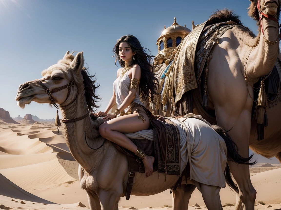 fantasy, beautiful girl, long wavy black hair, dressed in a short white tunic, naked, riding a camel, alone against the background of the desert