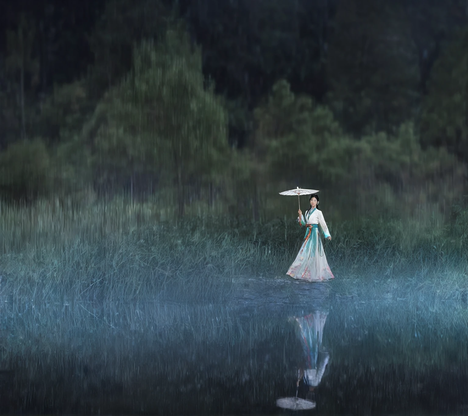 elegant woman in traditional chinese dress, holding a white umbrella, standing in a forest with water reflection, serene expression, beautiful detailed eyes, beautiful detailed lips, long eyelashes, graceful pose, natural lighting, vibrant colors, soft flowing fabric, intricate embroidery, delicate makeup, ethereal atmosphere