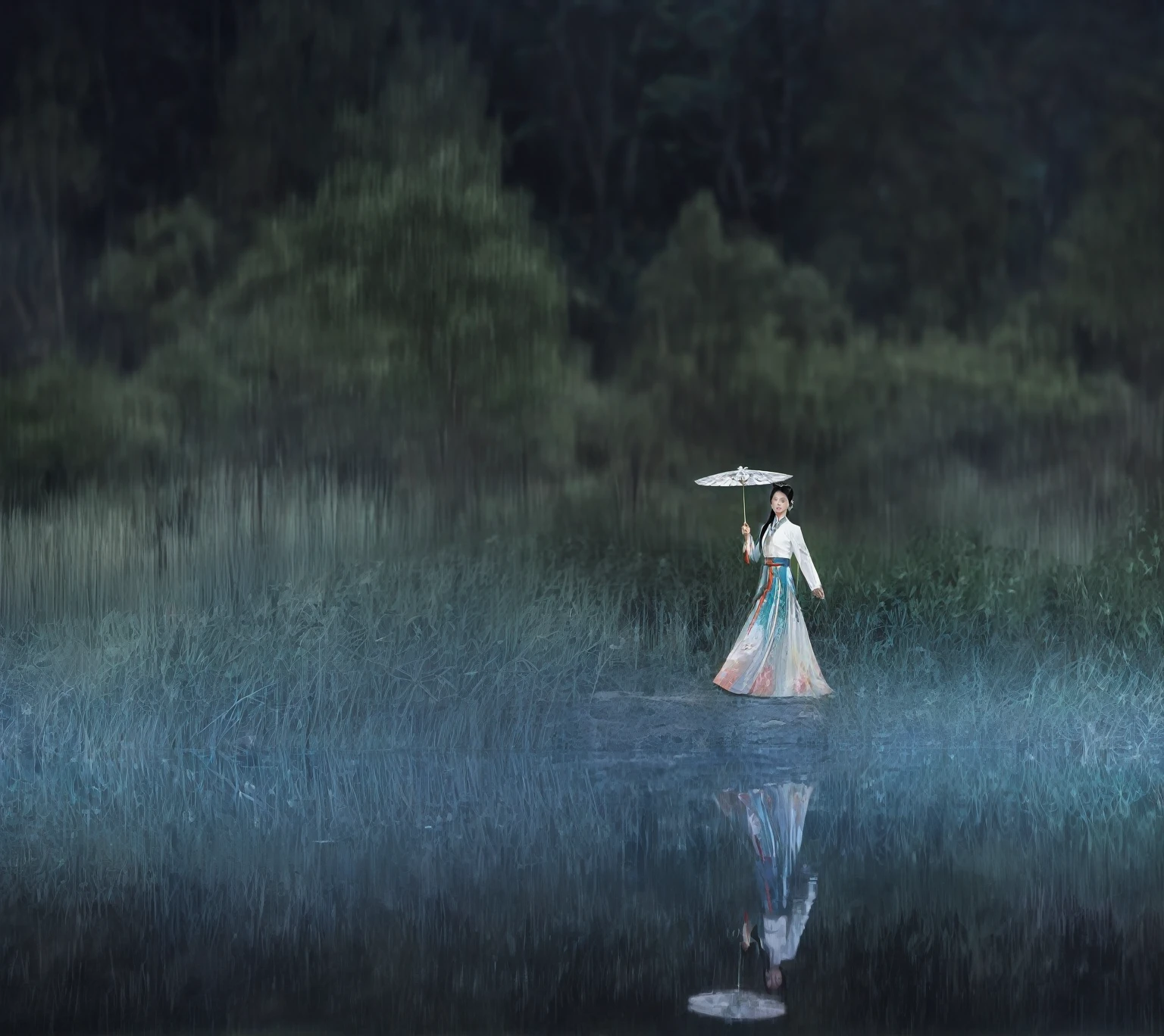 elegant woman in traditional chinese dress, holding a white umbrella, standing in a forest with water reflection, serene expression, beautiful detailed eyes, beautiful detailed lips, long eyelashes, graceful pose, natural lighting, vibrant colors, soft flowing fabric, intricate embroidery, delicate makeup, ethereal atmosphere