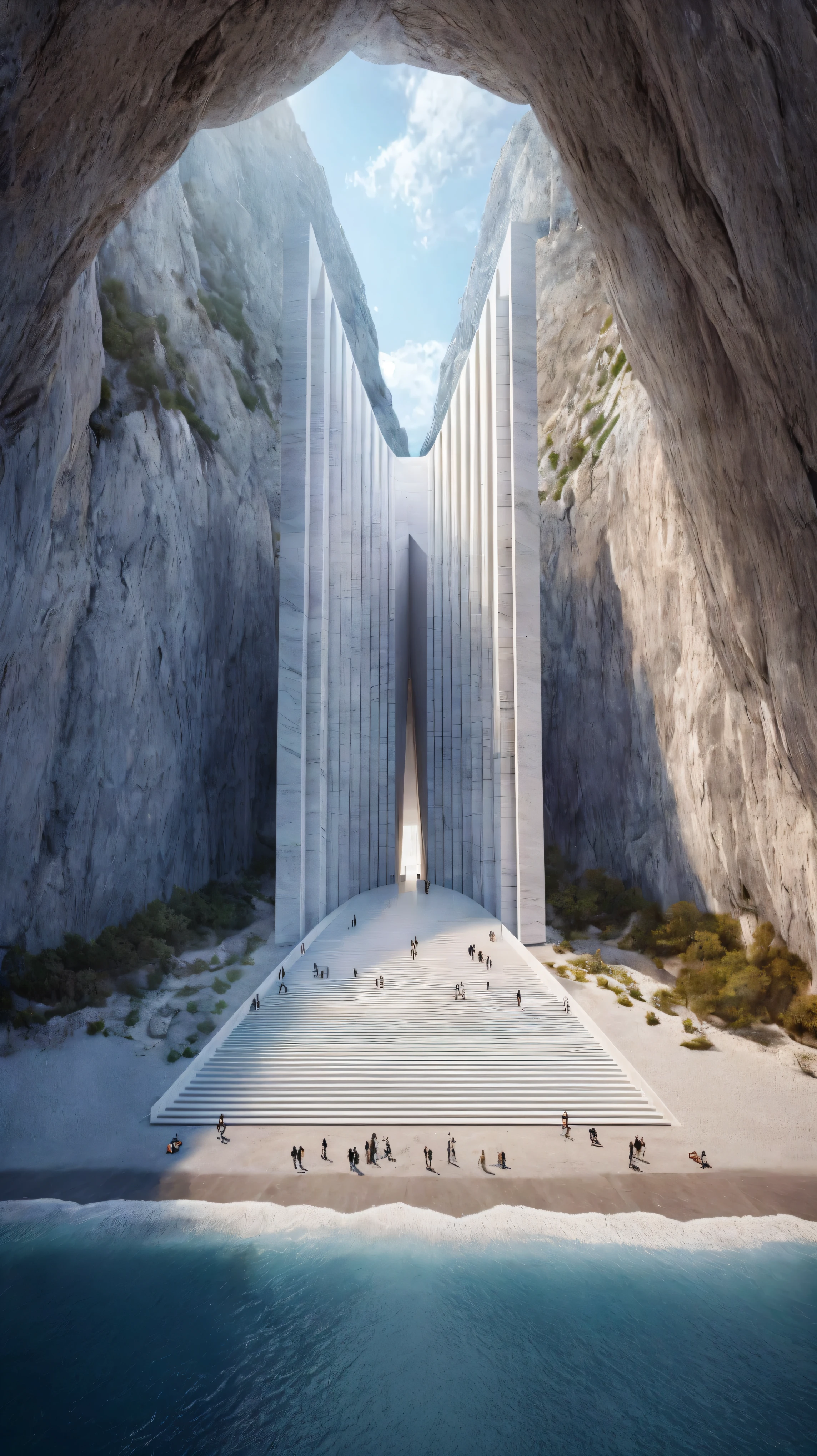 A huge and majestic monumental building,Embedded in the mountains,in turn, The entrance is covered with a mountain built of marble or white concrete., Modern design with two symmetrical straight lines, Rising to the sky. The entrance has white marble steps leading down to the sea, To the main entrance, Beach view,Enjoy the clear sea