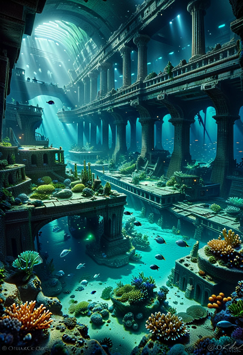 a vast underwater city, ruins of an ancient lost civilization, sunken metropolis, crumbling structures, covered in coral and marine life, mysterious and eerie atmosphere, glowing bioluminescent creatures, dramatic lighting, (best quality,8k,highres,masterpiece:1.2),ultra-detailed,(realistic,photorealistic,photo-realistic:1.37),cinematic composition,dramatic lighting,moody and melancholic color palette,dark blues and greens,shafts of light piercing the depths,sunken ships and debris,strange alien architecture,otherworldly and mystical,intricate details,sense of scale and grandeur