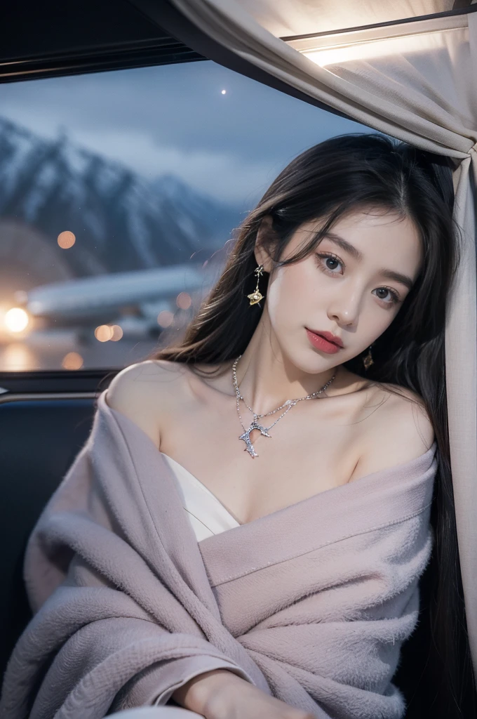 (((best quality))),(((ultra detailed))),(((masterpiece))),illustration,(a beautiful girl,female passenger,solo),(parted red lips),((slim,thin,small breasts,flat chest)),((earrings,crystal necklace)),(slender legs:1.2),summer night,((in airplane,economy class,indoor)),(blanket over shoulders:1.3),((dress)),(shoulder length straight bob hair:1.2),stars,moonlight,smooth flight,engine sound,lullaby,relaxed,excited,laughing,visiting family,comfortable seats,soft fabric,headrests,adjustable,beauty of night sky,dimmed lights,sleeping passengers,movies,personal screens,staying awake,magic of sky,joy of being with family,memorable journey,adventures,(surrounded by crowded crowds:1.3),(Outside the window is high-altitude night view:1.2),((from front,upper body))