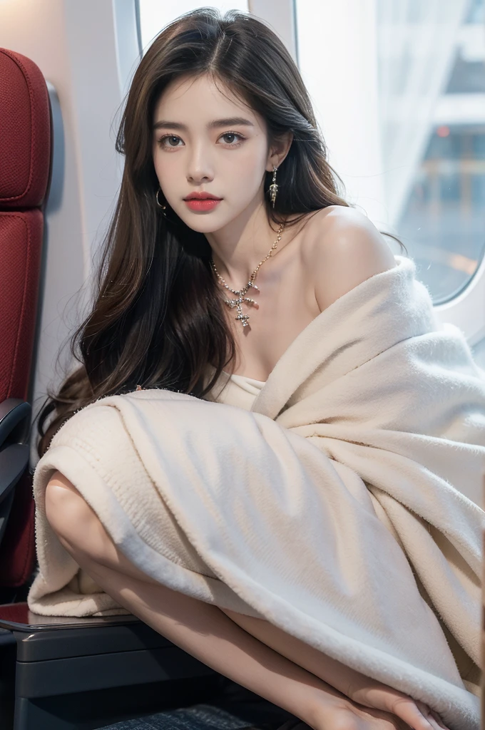 (((best quality))),(((ultra detailed))),(((masterpiece))),illustration,(a beautiful girl,female passenger,solo),(parted red lips),((slim,thin,small breasts,flat chest)),((earrings,crystal necklace)),(slender legs:1.2),summer night,((in airplane,economy class,indoor)),(blanket over shoulders:1.3),((dress)),(shoulder length straight bob hair:1.2),stars,moonlight,smooth flight,engine sound,lullaby,relaxed,excited,laughing,visiting family,comfortable seats,soft fabric,headrests,adjustable,beauty of night sky,dimmed lights,sleeping passengers,movies,personal screens,staying awake,magic of sky,joy of being with family,memorable journey,adventures,(surrounded by crowded crowds:1.3),(Outside the window is high-altitude night view:1.2),((from front,upper body))
