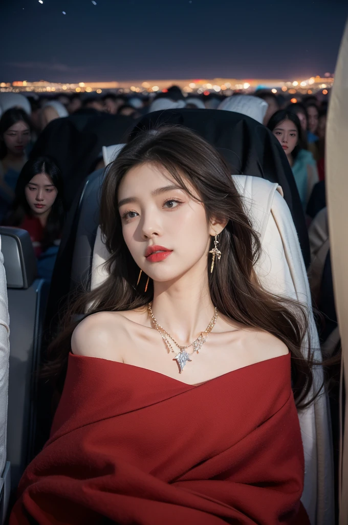 (((best quality))),(((ultra detailed))),(((masterpiece))),illustration,(a beautiful girl,female passenger,solo),(parted red lips),((slim,thin,small breasts,flat chest)),((earrings,crystal necklace)),(slender legs:1.2),summer night,((in airplane,economy class,indoor)),(blanket over shoulders:1.3),((dress)),(shoulder length straight bob hair:1.2),stars,moonlight,smooth flight,engine sound,lullaby,relaxed,excited,laughing,visiting family,comfortable seats,soft fabric,headrests,adjustable,beauty of night sky,dimmed lights,sleeping passengers,movies,personal screens,staying awake,magic of sky,joy of being with family,memorable journey,adventures,(surrounded by crowded crowds:1.3),(Outside the window is high-altitude night view:1.2),((from front,upper body))