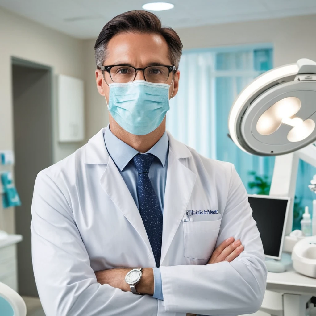 A 40-year-old dentist wearing a lab coat and glasses:Appearance:
Age: At 40 years old, he has a mature and professional appearance, indicating experience and reliability in his field.
Attire: He wears a clean, white lab coat that signifies his profession and emphasizes his commitment to hygiene and professionalism.
Glasses: Wears glasses, which could enhance his intellectual and meticulous demeanor, necessary for his detailed work as a dentist.
Face: Likely has a calm and reassuring expression, designed to put his patients at ease. His face might show the signs of a well-maintained, professional life, with some lines that suggest wisdom and experience.
Build: He may have a healthy, balanced build, reflecting a lifestyle that values health and wellness, which he promotes to his patients.
Personality:
Professional: He is highly skilled and knowledgeable in his field, with years of experience that make him a trusted professional.
Compassionate: He possesses a compassionate and patient-centric approach, ensuring his patients feel comfortable and well-cared for during their visits.
Detail-Oriented: His meticulous nature ensures that he pays attention to even the smallest details, crucial for providing high-quality dental care.
Calm: Maintains a calm and composed demeanor, essential for managing the often anxious nature of his patients.