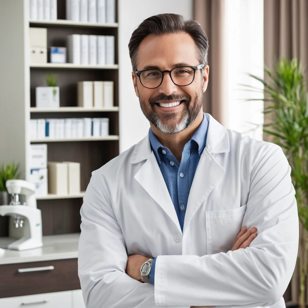 A 40-year-old dentist wearing a lab coat and glasses:Appearance:
Age: At 40 years old, he has a mature and professional appearance, indicating experience and reliability in his field.
Attire: He wears a clean, white lab coat that signifies his profession and emphasizes his commitment to hygiene and professionalism.
Glasses: Wears glasses, which could enhance his intellectual and meticulous demeanor, necessary for his detailed work as a dentist.
Face: Likely has a calm and reassuring expression, designed to put his patients at ease. His face might show the signs of a well-maintained, professional life, with some lines that suggest wisdom and experience.
Build: He may have a healthy, balanced build, reflecting a lifestyle that values health and wellness, which he promotes to his patients.
Personality:
Professional: He is highly skilled and knowledgeable in his field, with years of experience that make him a trusted professional.
Compassionate: He possesses a compassionate and patient-centric approach, ensuring his patients feel comfortable and well-cared for during their visits.
Detail-Oriented: His meticulous nature ensures that he pays attention to even the smallest details, crucial for providing high-quality dental care.
Calm: Maintains a calm and composed demeanor, essential for managing the often anxious nature of his patients.