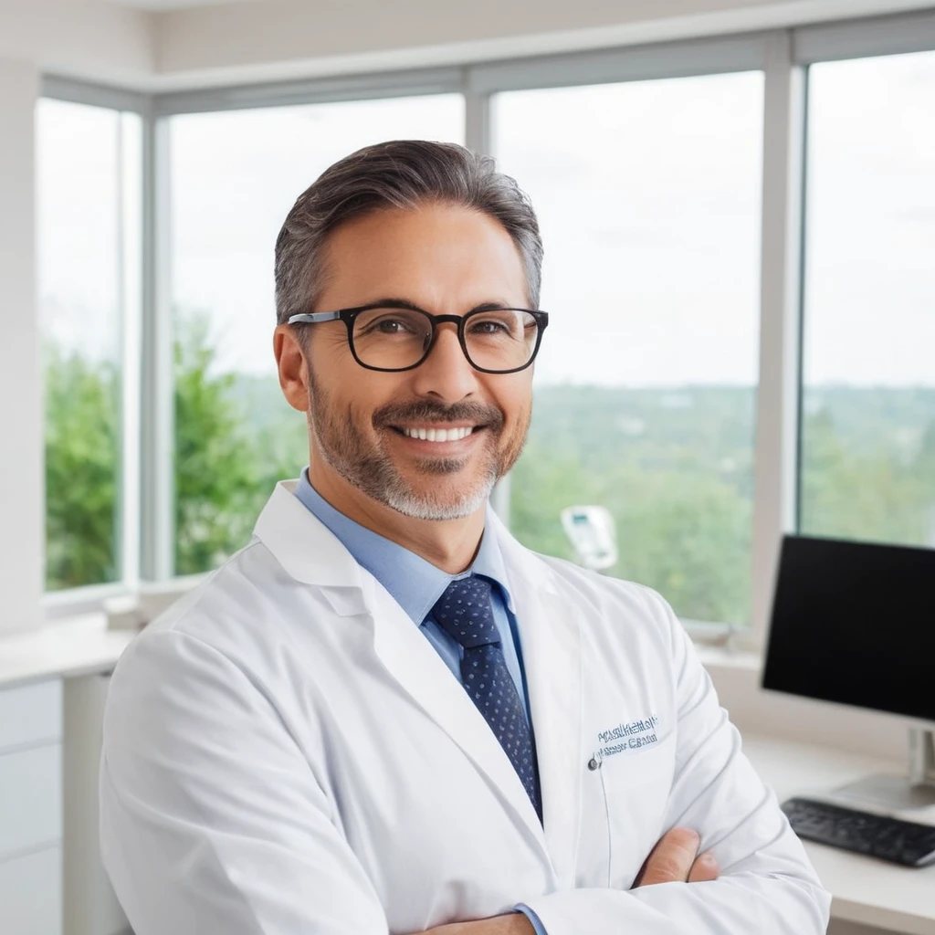 A 40-year-old dentist wearing a lab coat and glasses:Appearance:

    Age: At 40 years old, he has a mature and professional appearance, indicating experience and reliability in his field.
    Attire: He wears a clean, white lab coat that signifies his profession and emphasizes his commitment to hygiene and professionalism.
    Glasses: Wears glasses, which could enhance his intellectual and meticulous demeanor, necessary for his detailed work as a dentist.
    Face: Likely has a calm and reassuring expression, designed to put his patients at ease. His face might show the signs of a well-maintained, professional life, with some lines that suggest wisdom and experience.
    Build: He may have a healthy, balanced build, reflecting a lifestyle that values health and wellness, which he promotes to his patients.

Personality:

    Professional: He is highly skilled and knowledgeable in his field, with years of experience that make him a trusted professional.
    Compassionate: He possesses a compassionate and patient-centric approach, ensuring his patients feel comfortable and well-cared for during their visits.
    Detail-Oriented: His meticulous nature ensures that he pays attention to even the smallest details, crucial for providing high-quality dental care.
    Calm: Maintains a calm and composed demeanor, essential for managing the often anxious nature of his patients.