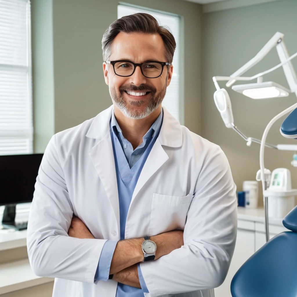 A 40-year-old dentist wearing a lab coat and glasses:Appearance:
Age: At 40 years old, he has a mature and professional appearance, indicating experience and reliability in his field.
Attire: He wears a clean, white lab coat that signifies his profession and emphasizes his commitment to hygiene and professionalism.
Glasses: Wears glasses, which could enhance his intellectual and meticulous demeanor, necessary for his detailed work as a dentist.
Face: Likely has a calm and reassuring expression, designed to put his patients at ease. His face might show the signs of a well-maintained, professional life, with some lines that suggest wisdom and experience.
Build: He may have a healthy, balanced build, reflecting a lifestyle that values health and wellness, which he promotes to his patients.
Personality:
Professional: He is highly skilled and knowledgeable in his field, with years of experience that make him a trusted professional.
Compassionate: He possesses a compassionate and patient-centric approach, ensuring his patients feel comfortable and well-cared for during their visits.
Detail-Oriented: His meticulous nature ensures that he pays attention to even the smallest details, crucial for providing high-quality dental care.
Calm: Maintains a calm and composed demeanor, essential for managing the often anxious nature of his patients.