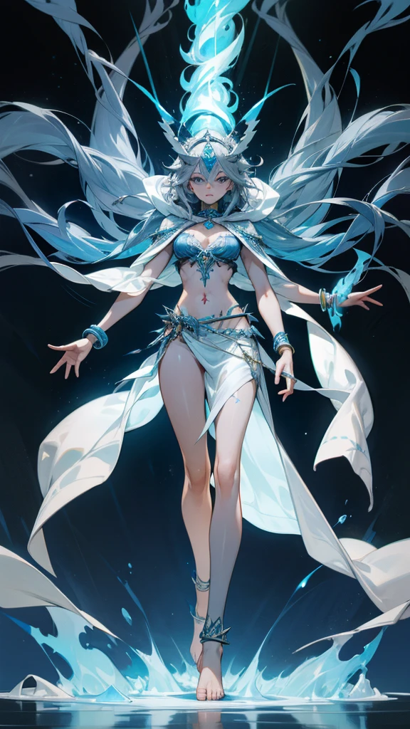 Adult woman with long gray hair and blue skin,headgear,Bracelet,anklet,Indian Goddess,six arms,Bare arms,White top,cleavage,Bare waist,Tattoo,Hood cloth,Bare Legs,barefoot,Standing,blue flame