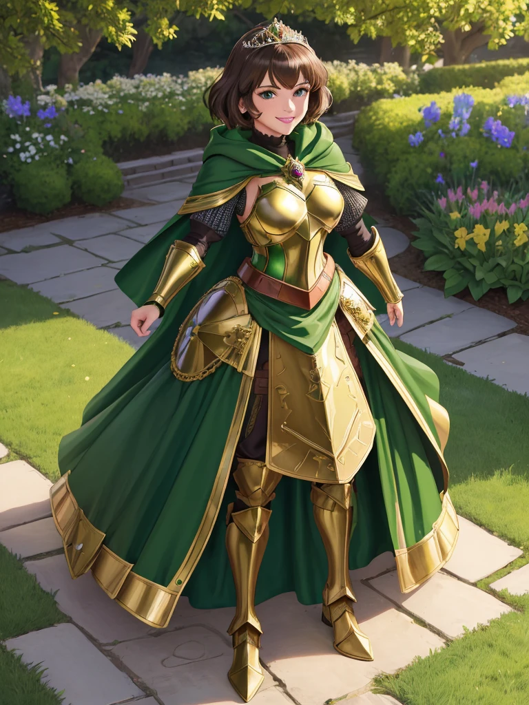 masterpiece, best quality:1.2), 1girl, smile, looking at viewer, green eyes, short brown hair, princess, armor, , pauldrons, armored dress, green cloak cape, wearing puffy blue ballgown skirt, golden tiara with green gem, armored boots, fingerless gloves, standing in medieval garden