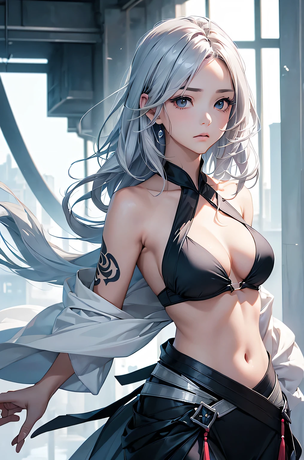 (Image from chest up:1.4)((masterpiece:1.5,Highest quality,Beautiful images、Realistic、2.5D、Artistic、Portraiture))(1girl, solo)(medium breasts, Silver Hair、long hair、Beautiful cleavage、sideboob、Exposing shoulders、Tattoo on shoulder)(Profile Portrait,Gaze sideways、Gaze diagonally、Shake your head、A sad expression, floating hair)(Monotone Abstract Background)((from diagonally forward:1.3)),Landscape,((outfit-inori,Monotone costumes))