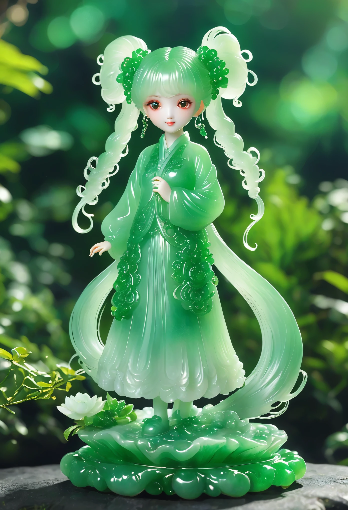 best quality, very good, 16K, ridiculous, Very detailed, Gorgeous(((Twin Tails 1 Girl 1.3))),Made of translucent jadeite, Background grassland((A masterpiece full of fantasy elements))), ((best quality)), ((Intricate details))(8K)