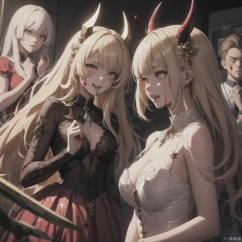 Delicate features,disaster々new devil horns,狂気の笑face, 最上級の笑face, Eyelids very wide open, Crazy Smile, mouth very wide open, Mouth open and teeth bared, wide lips, Very wide mouth, Vermilion-tinted cheeks, Blonde Hair, Princess Cut, Ribbon hair ornament, brooch, Shiny candy blue dress, Gold embroidery,ta Style, Gothic style, Facing the audience, Otaku Room, Well-built body, Nice body, Ample breasts, Fleshy body,With eyes wide open、Scary atmosphere、Distorted facial expressions、ねじれた笑face、Bloody、Bleeding from the head、Blood splatter、whole body、Long Hair、Long bangs、(((Dark circles under the eyes)))、Pale skin、Feeling unwell、Pathological、邪悪な笑face、Crazy Eyes、(Grin)Dramatic makeup,Create mixed media art,Well-built,Nice body,Shoulders wider,focus on,(face),Messy Hair,Yellow Eyes,(Glowing Eyes),(Blood splatter:1.6),Red light,笑face,big 笑face,tooth,psycho 笑face,gesugao,Dark city background,darkness,night,(close),Good Eyes, good teeth,サディスティックな笑face,,all,Shiny skin,詳細なface,Beautiful body,アwhole body油まみれで光沢感がある whole bodyから湯気が出ている Steam like a sauna room fills the entire screen. White breath from the mouth Luxurious lace long gloves