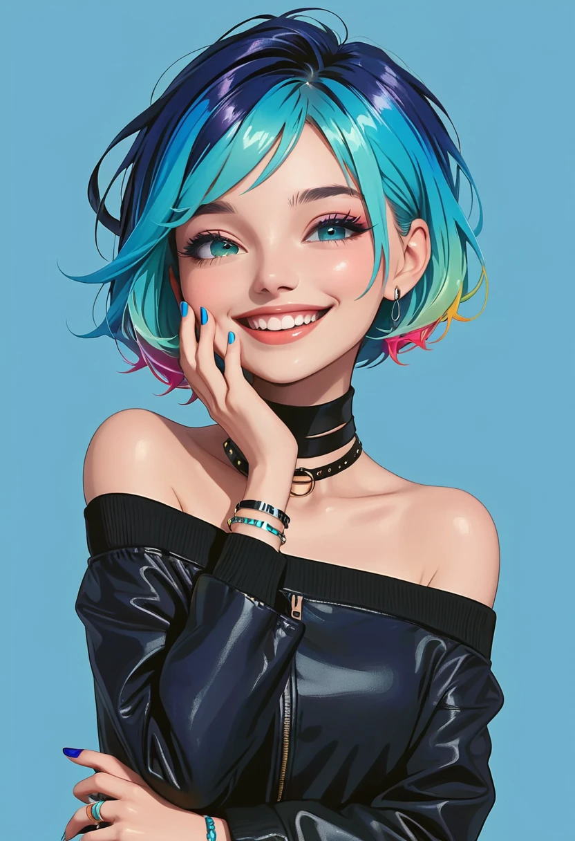 1girl,aqua nails,black jacket,blue nails,choker,gradient,gradient background,hand on own face,jacket,multicolored hair,nail polish,off shoulder,short hair,smile,solo