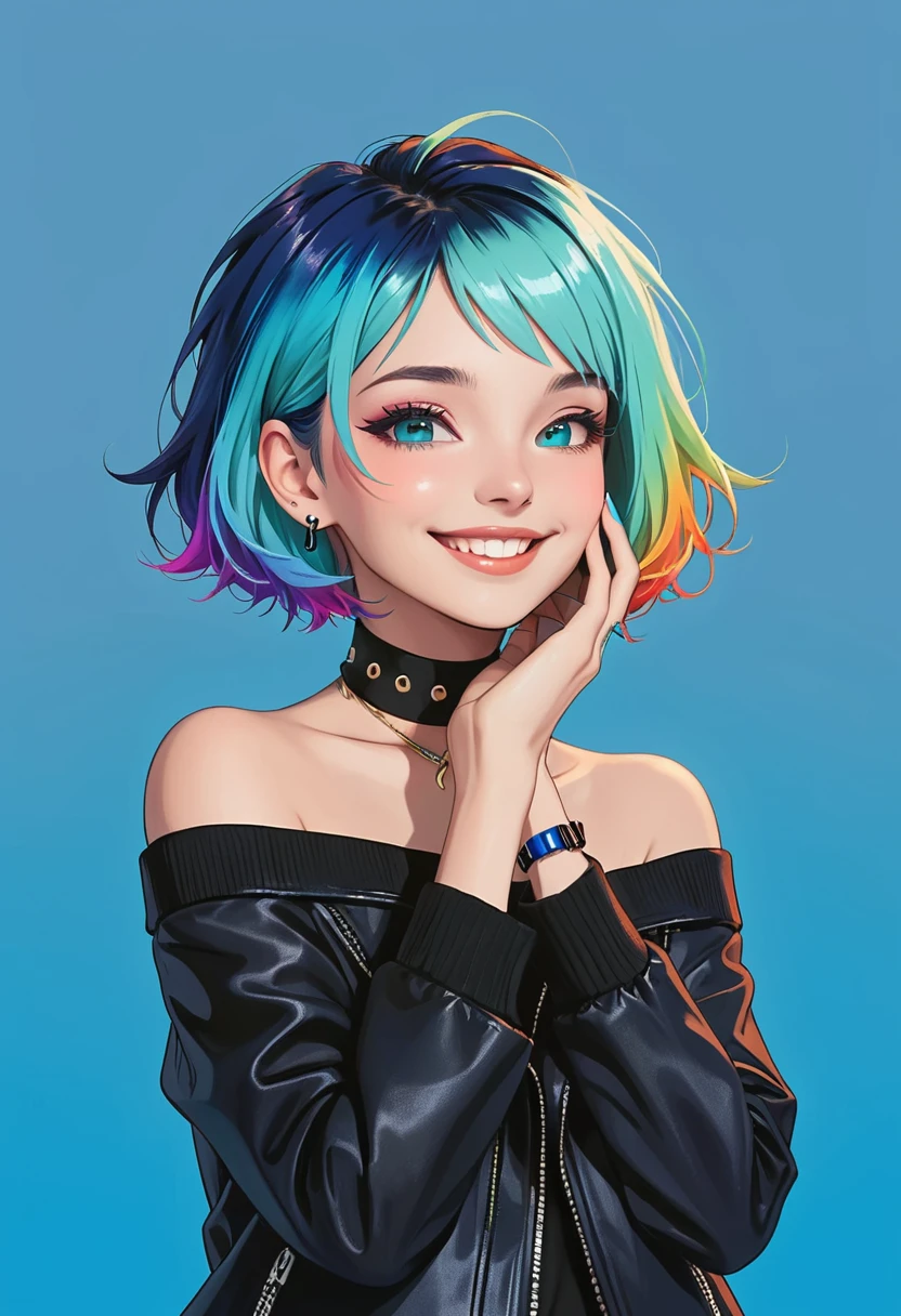 1girl,aqua nails,black jacket,blue nails,choker,gradient,gradient background,hand on own face,jacket,multicolored hair,nail polish,off shoulder,short hair,smile,solo
