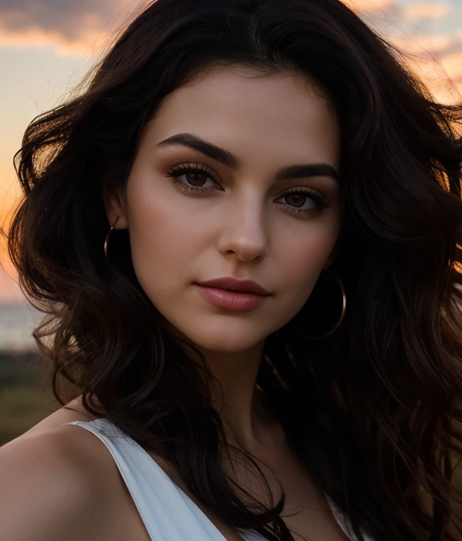 Close up face Image of a dark-haired woman with windblown curls, her hair is intertwined, like a flame against the twilight sky., radiating unbridled beauty,