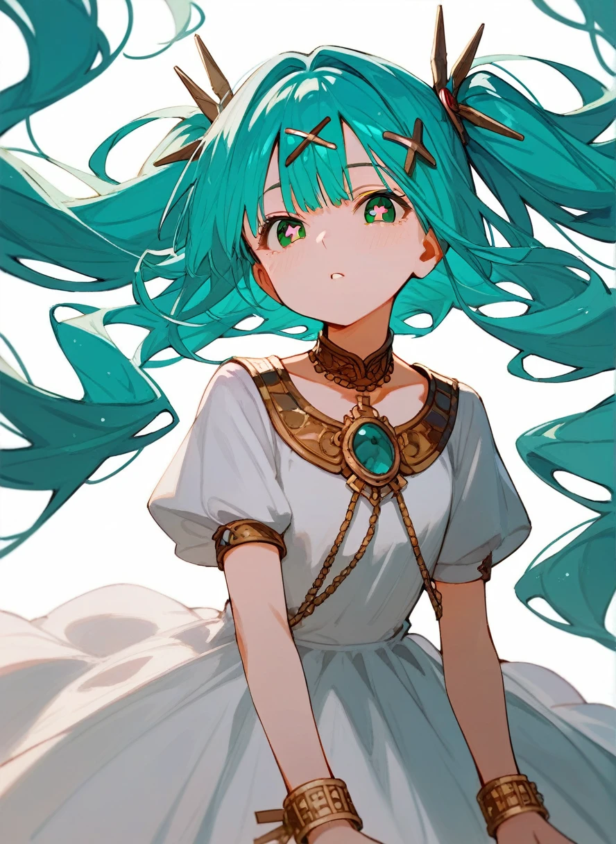 falushan,twintails,long hair,hair ornament,x hair ornament,aqua hair,bangs,dress,green eyes,jewelry,white dress,bracelet,short sleeves,symbol-shaped pupils,, 1girl,
, (masterpiece,best quality:1.2),absurdres