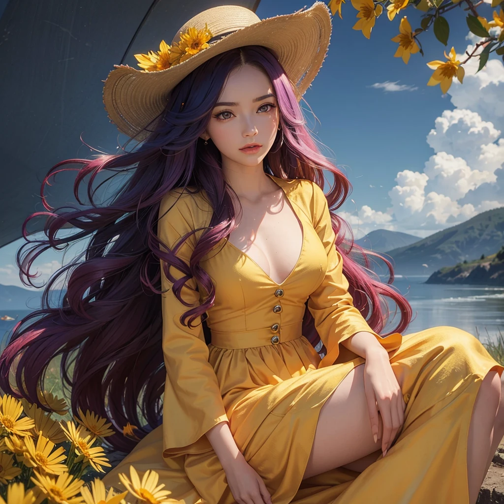 Create me a beautiful woman, long smooth (curled below) Colorful hair, sitting on a cloud, she has the ability to determine the weather with a golden rod, background a mixture of storm and good weather, velvet dress on