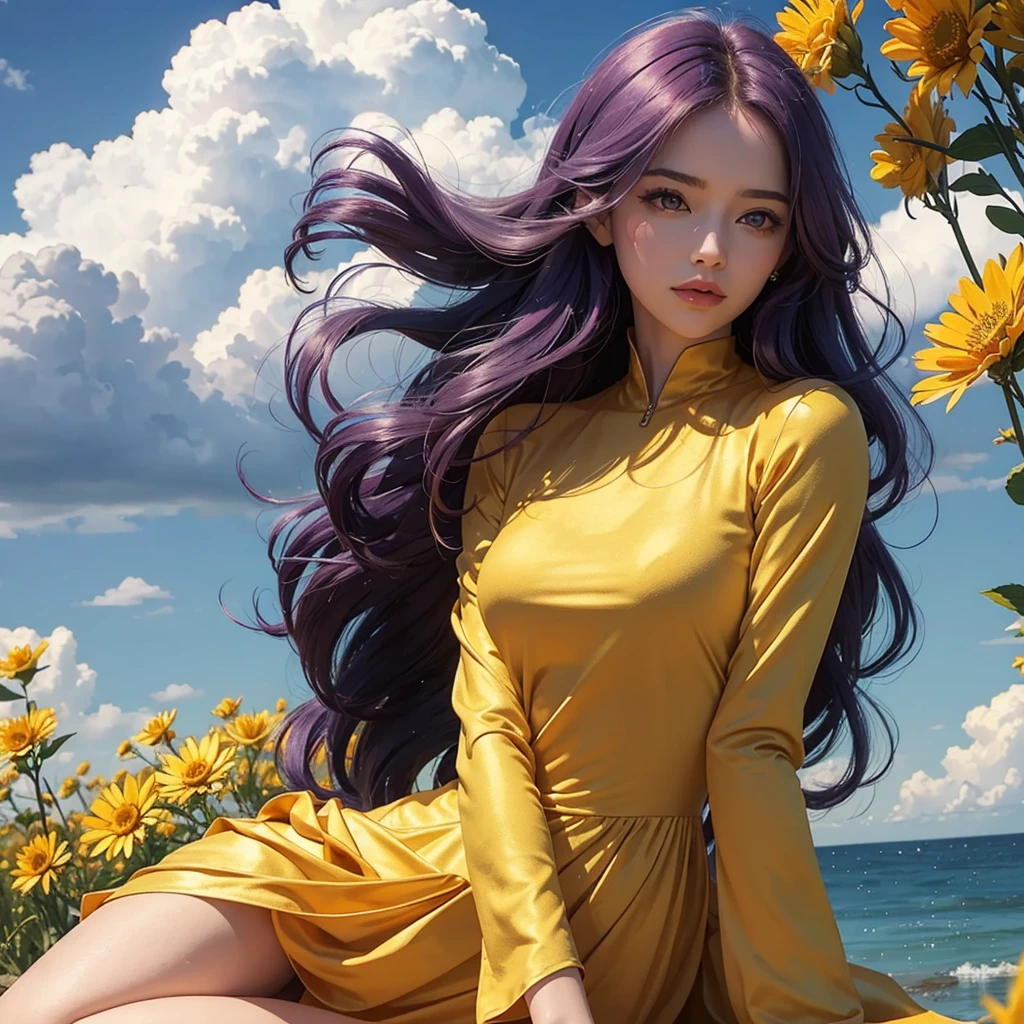 Create me a beautiful woman, long smooth (curled below) Colorful hair, sitting on a cloud, she has the ability to determine the weather with a golden rod, background a mixture of storm and good weather, velvet dress on