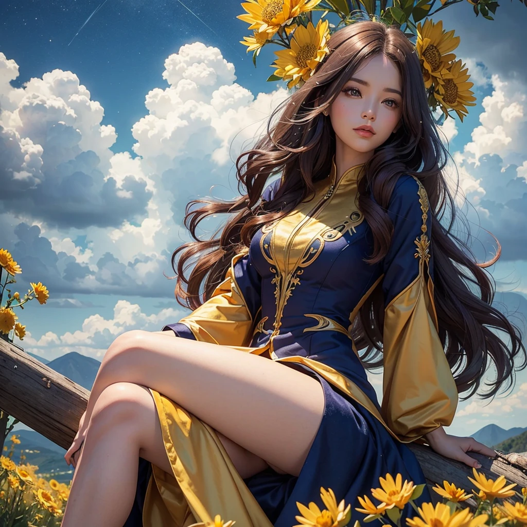 Create me a beautiful woman, long smooth (curled below) Colorful hair, sitting on a cloud, she has the ability to determine the weather with a golden rod, background a mixture of storm and good weather, velvet dress on
