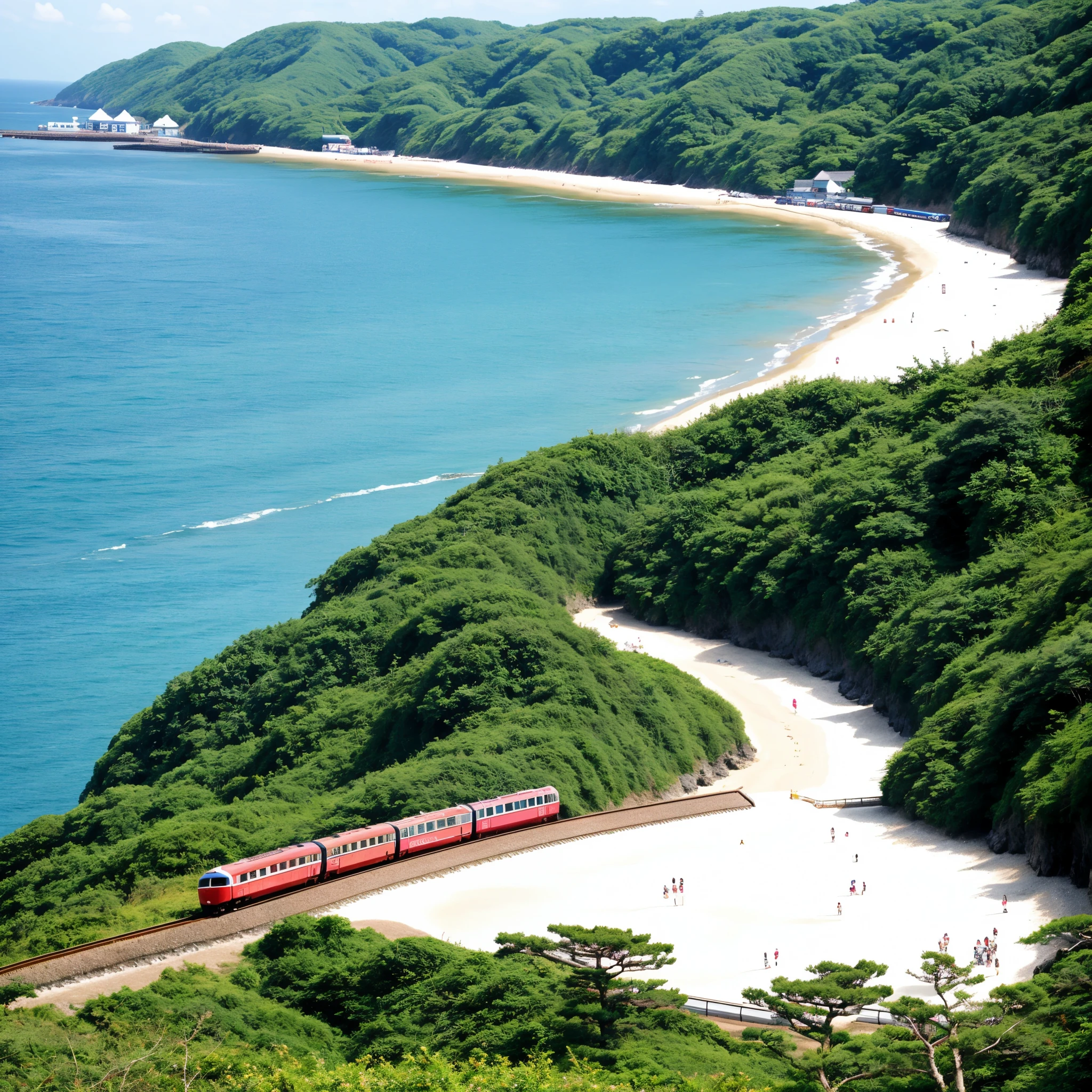 Japanese cartoon, many cute animals, train, overlook, seashore, beach, shiny, summer
