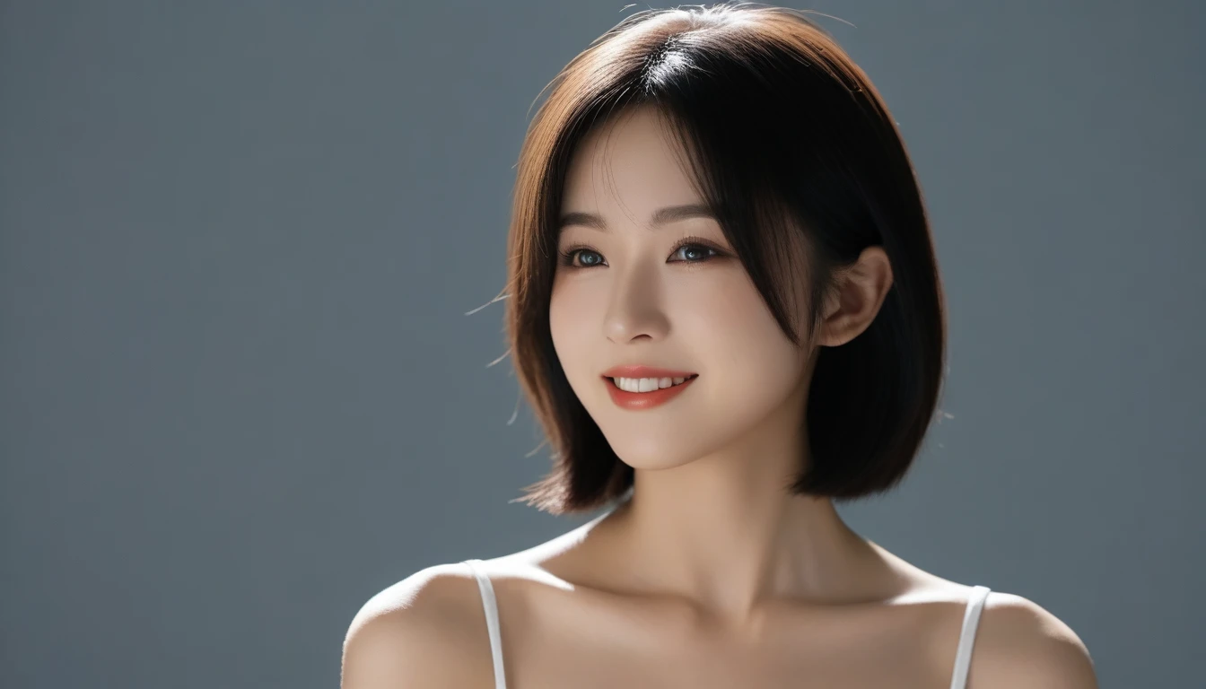 8K, Ultra-high resolution, Highest quality, masterpiece, Surreal, photograph, 1 Girl, (16 years old:1.3), pretty girl, Cute face, Beautiful eyes in every detail, 細かくdetailedに,masterpiece,, One Girl:1.2, Japan Female Announcer, upper body,Young Wife,clear,clean,Formal wear,Full of sex appeal,Black Hair,Medium straight,Looking at the audience、beauty,Long neck、Laugh a little、Please close your mouth and laugh、(((Ideal body type))),A-cup small breasts :2,、Portraiture:2、Perfect Anatomy、鮮明なdetailed、detailed、Surreal、Light and shadow,Strong light