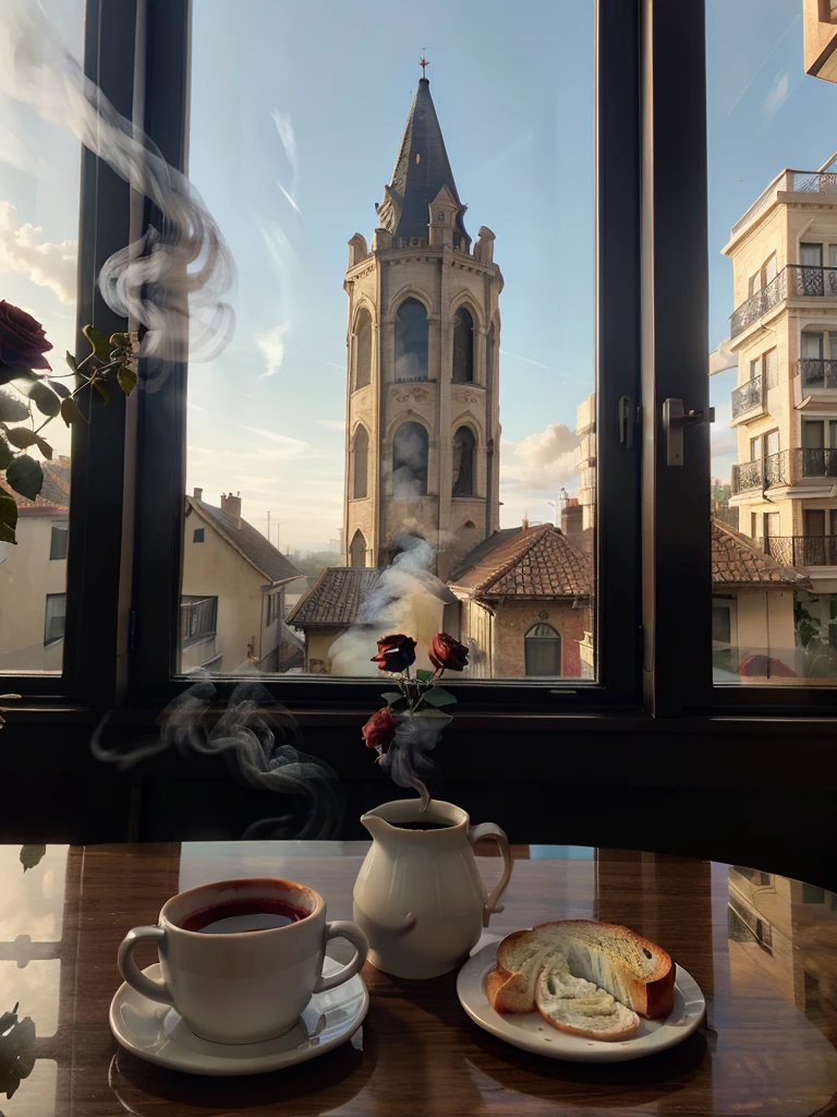 Bread and Hot Coffee with smoke on the table with rose flower tower, Background window with morning color.