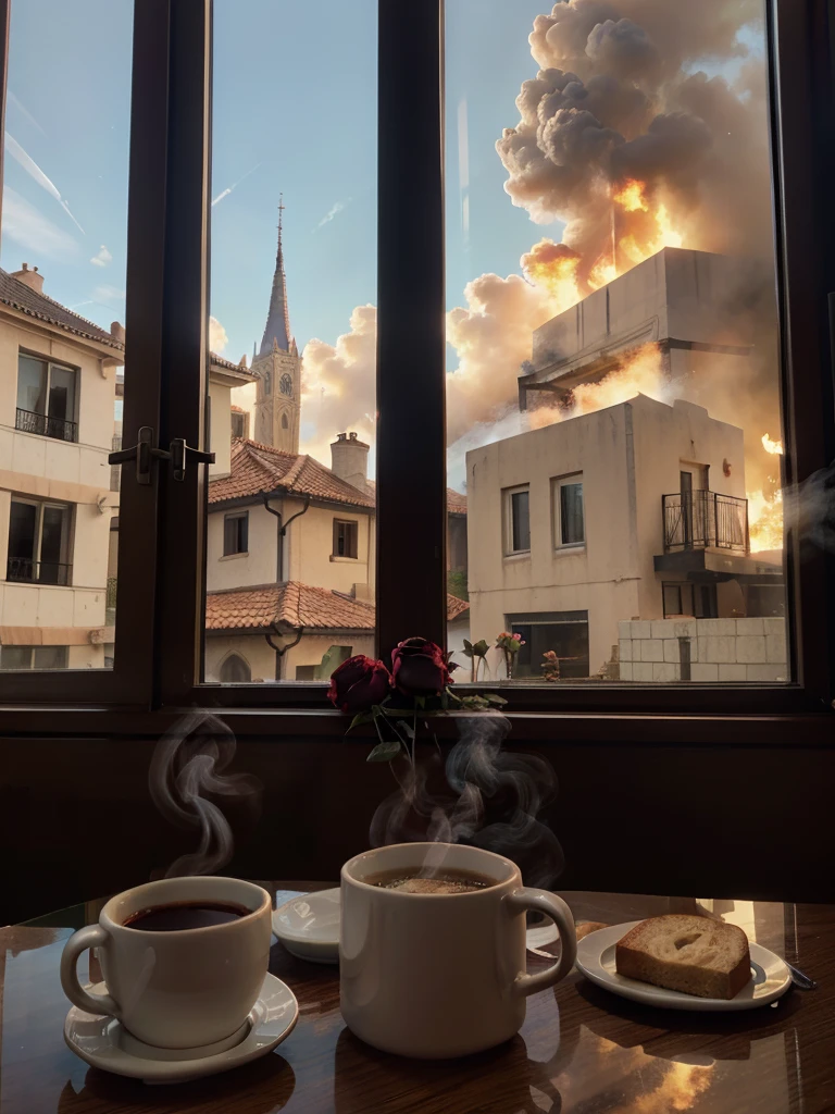 Bread and Hot Coffee with smoke on the table with rose flower tower, Background window with morning color.