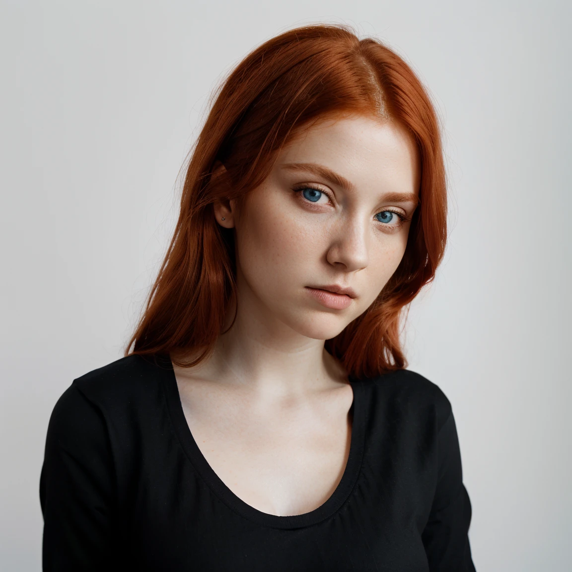 front view, looking at camera, RAW photo,((black shirt:1.2)), ((portrait)),beautiful red hair 30 years old woman, blue eyes, perfecteyes eyes, angelical face ((white background:1.2)), studio lighting, high quality, film grain, Fujifilm XT3, centralized